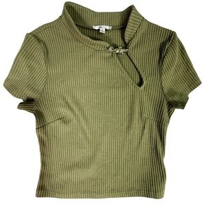 Olive Green Ribbed Mock Neck Cutout Keyhole Top Size S Manadarin Collar